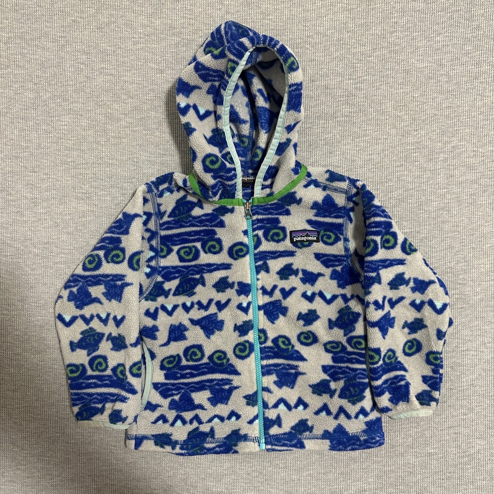 Patagonia Synchilla Fleece Hoodie Long Sleeves Fish Print Full Zip Blue Size 2T